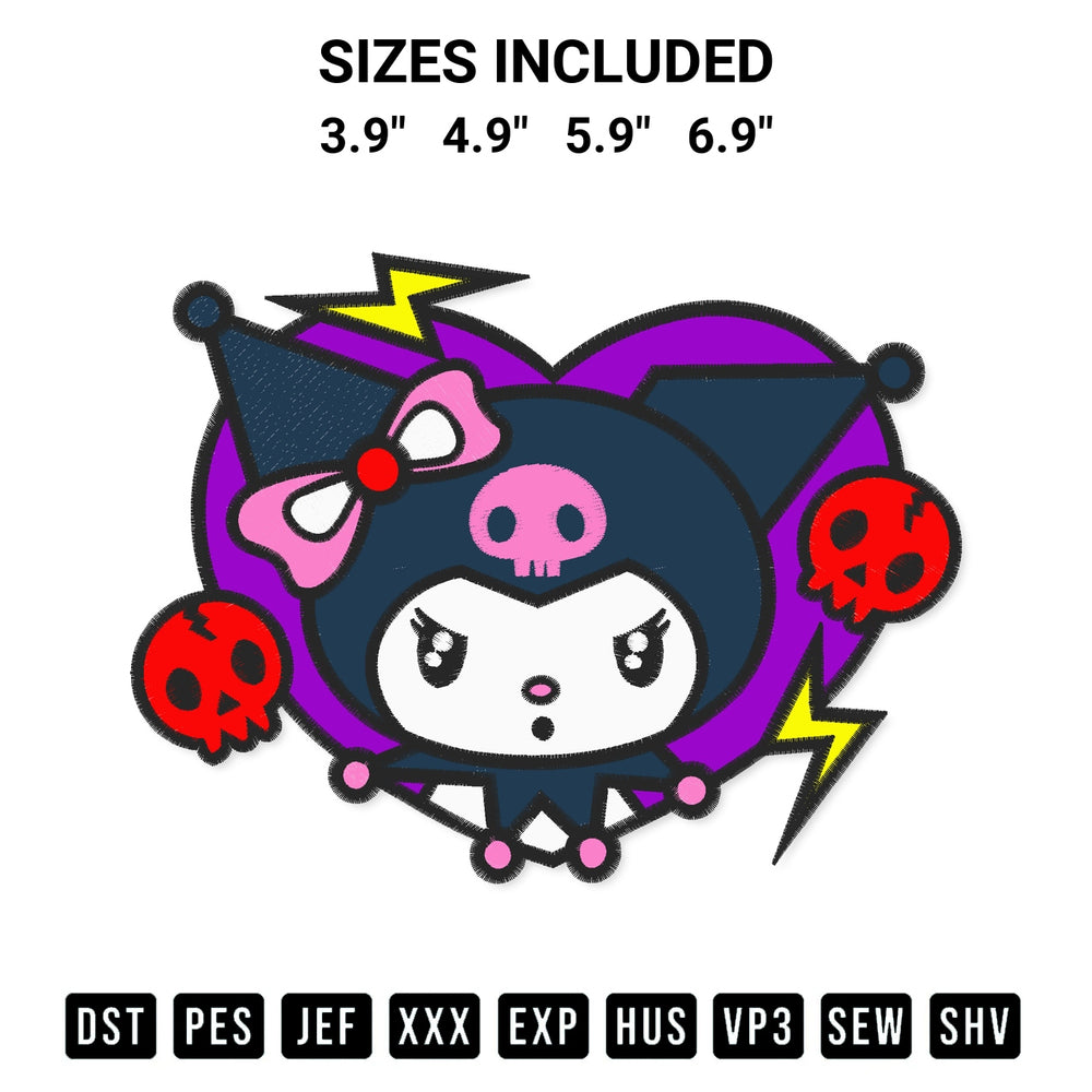 Add a unique touch to your apparel with the Sanrio Kuromi Heart Embroidery Design embroidery file. Premium instant download available now on Designspacks.com. Available sizes: 3.9", 4.9", 5.9", 6.9".