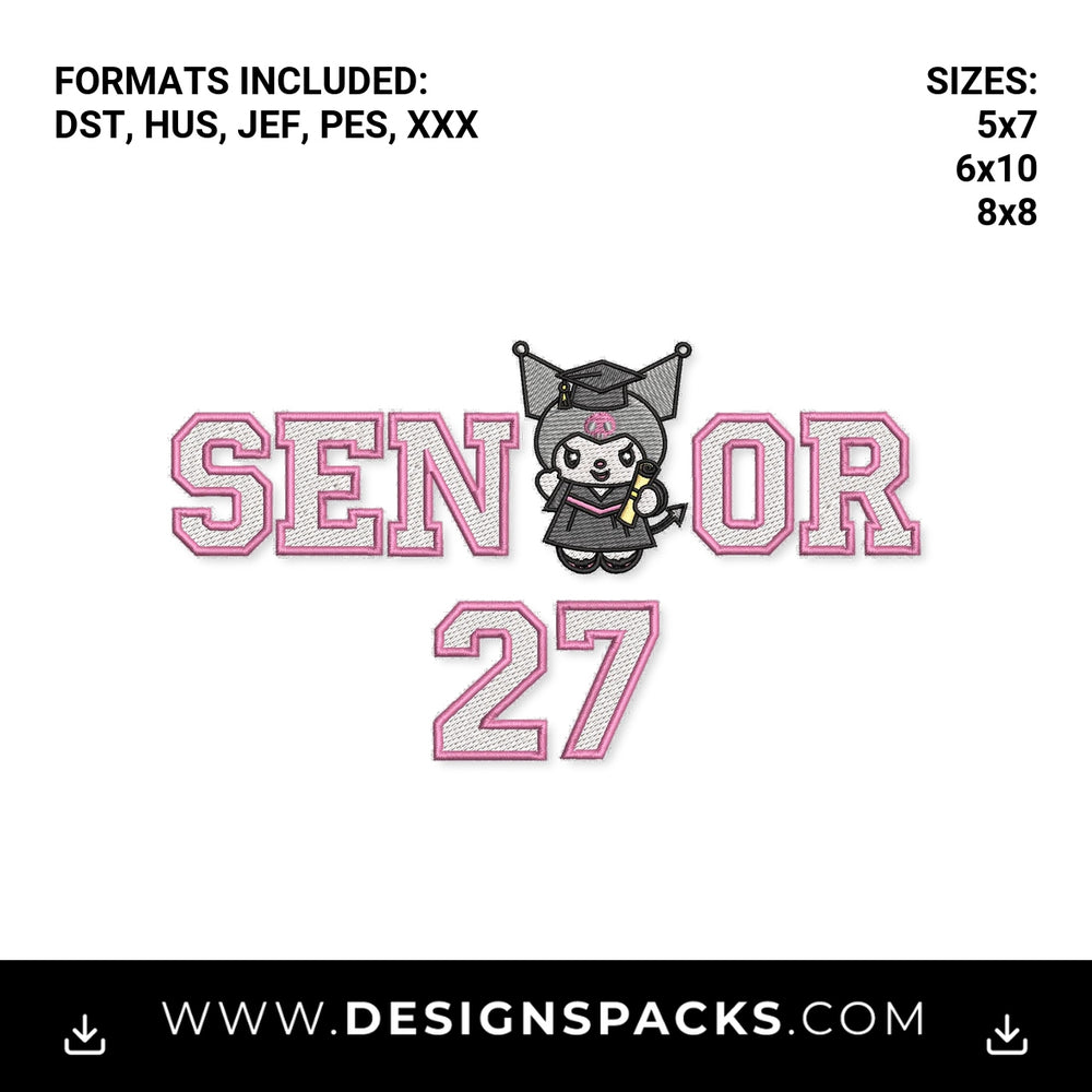 Kuromi Senior 27 Graduation Embroidery Design - Instant digital download pattern at Designspacks.com