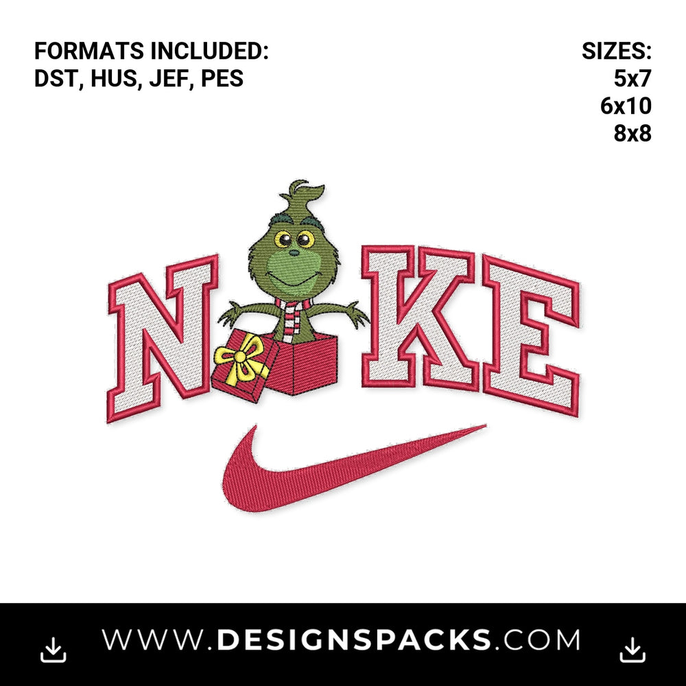Christmas Grinch Swoosh Logo Embroidery Design - Instant digital download pattern at Designspacks.com