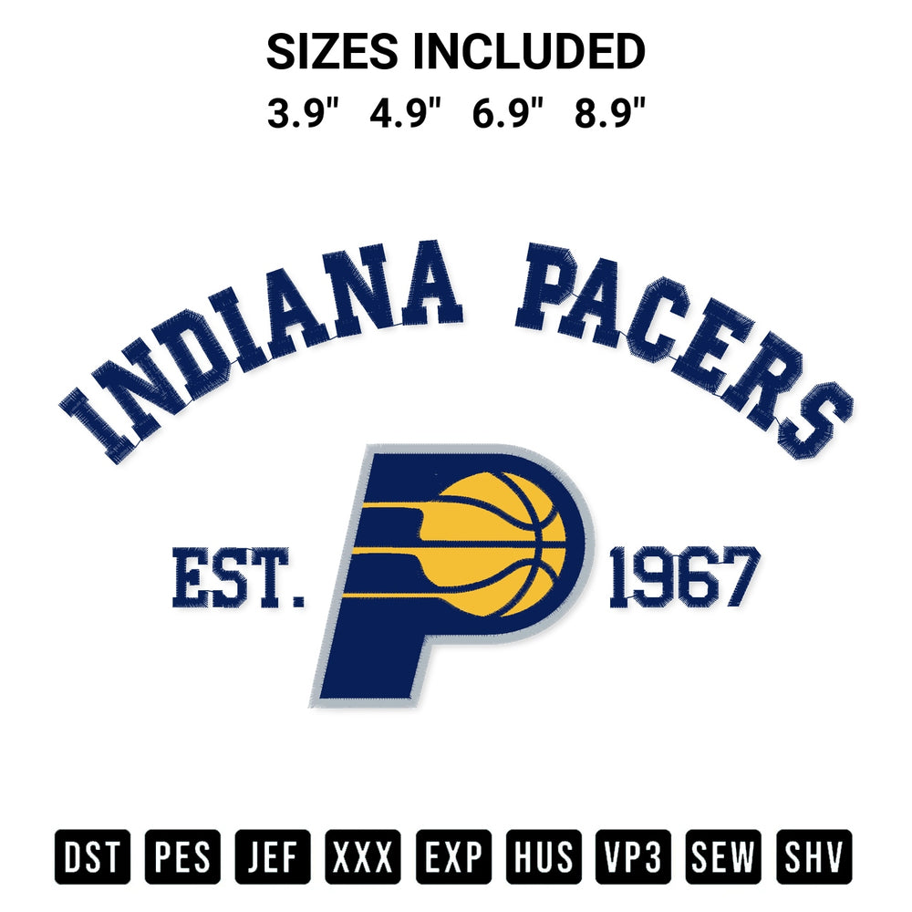 Download the Indiana Pacers Est 1967 Embroidery Design machine embroidery design exclusively at Designspacks.com. Premium digitized pattern for apparel and DIY crafts. Available sizes: 3.9", 4.9", 6.9", 8.9".