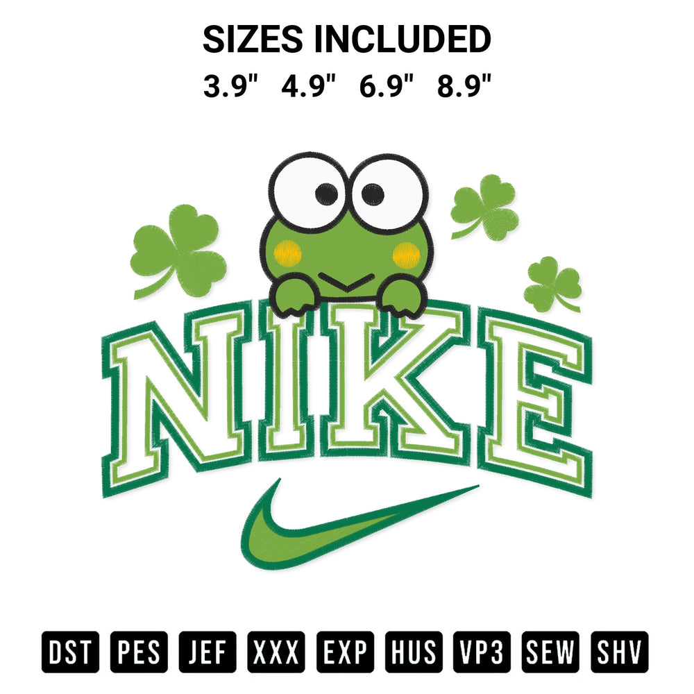 Stitch like a pro with the Keroppi St Patricks Day X Nike Embroidery Design embroidery pattern from Designspacks.com. High-quality digital machine embroidery file. Available sizes: 3.9", 4.9", 6.9", 8.9".