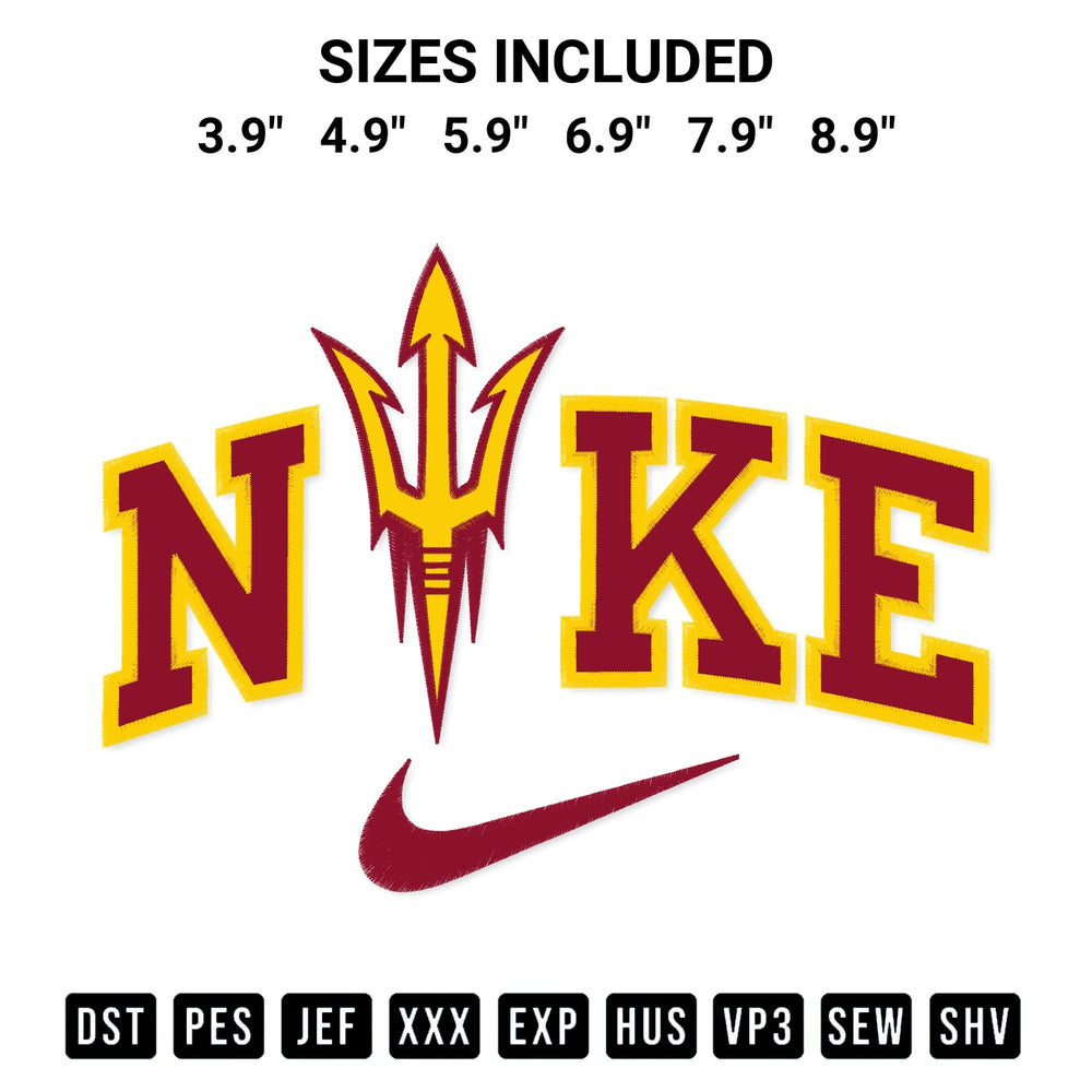 Get the Arizona State Sun Devils X Nike Embroidery Design embroidery design for your custom crafts! Premium digitized files available for instant download at Designspacks.com. Available sizes: 3.9", 4.9", 5.9", 6.9", 7.9", 8.9".