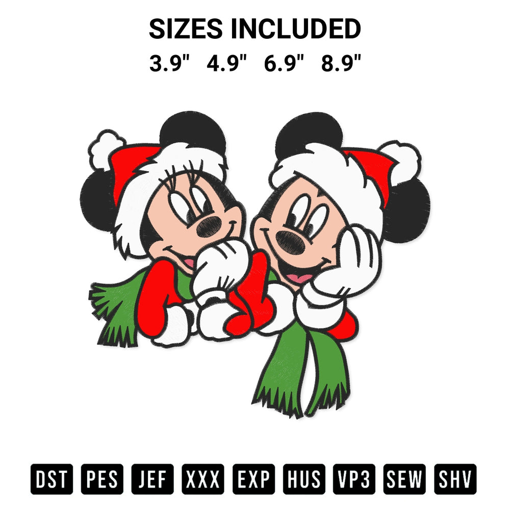 Stitch like a pro with the Cute Christmas Mickey And Minnie Mouse Embroidery Design embroidery pattern from Designspacks.com. High-quality digital machine embroidery file. Available sizes: 3.9", 4.9", 6.9", 8.9".