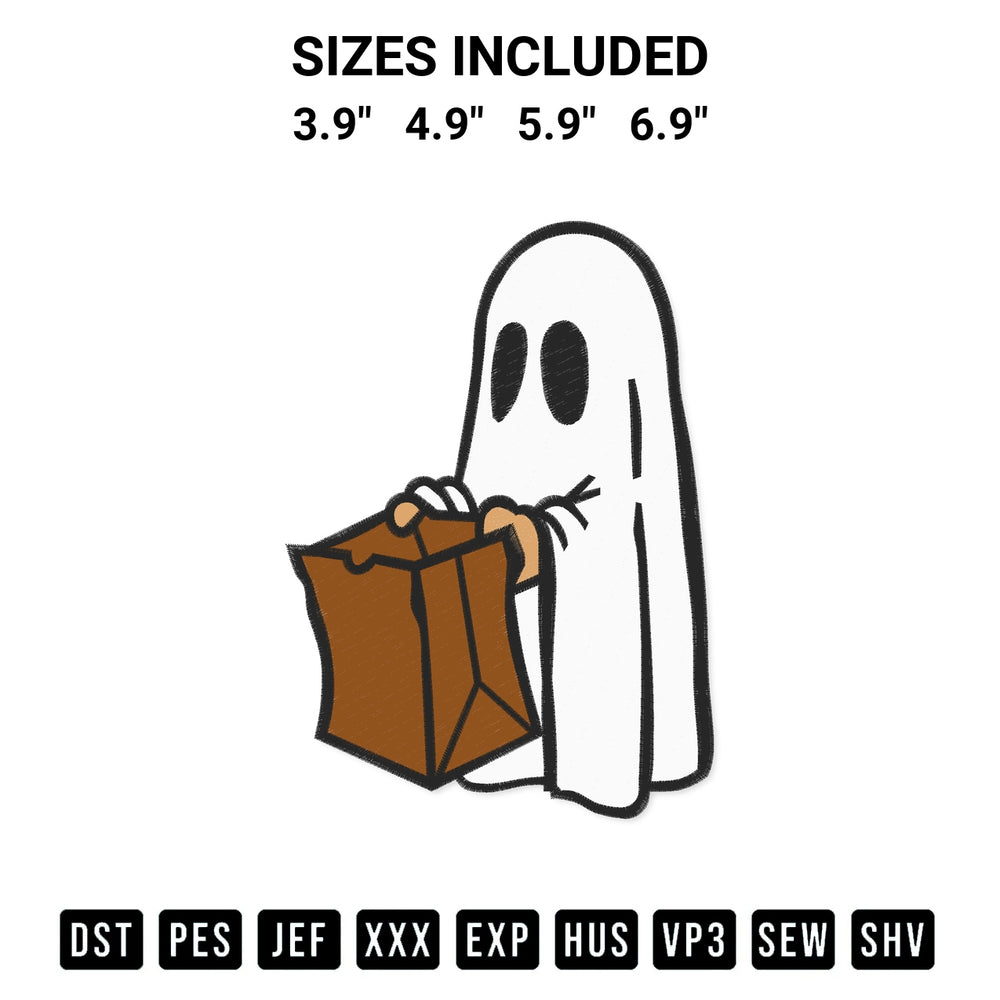 Add a unique touch to your apparel with the Halloween Ghost With Brown Bag Embroidery Design embroidery file. Premium instant download available now on Designspacks.com. Available sizes: 3.9", 4.9", 5.9", 6.9".