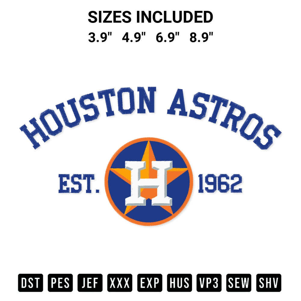 Discover the perfect addition to your crafting collection: Houston Astros Est 1962 Embroidery Design embroidery file. Instantly available at Designspacks.com. Available sizes: 3.9", 4.9", 6.9", 8.9".