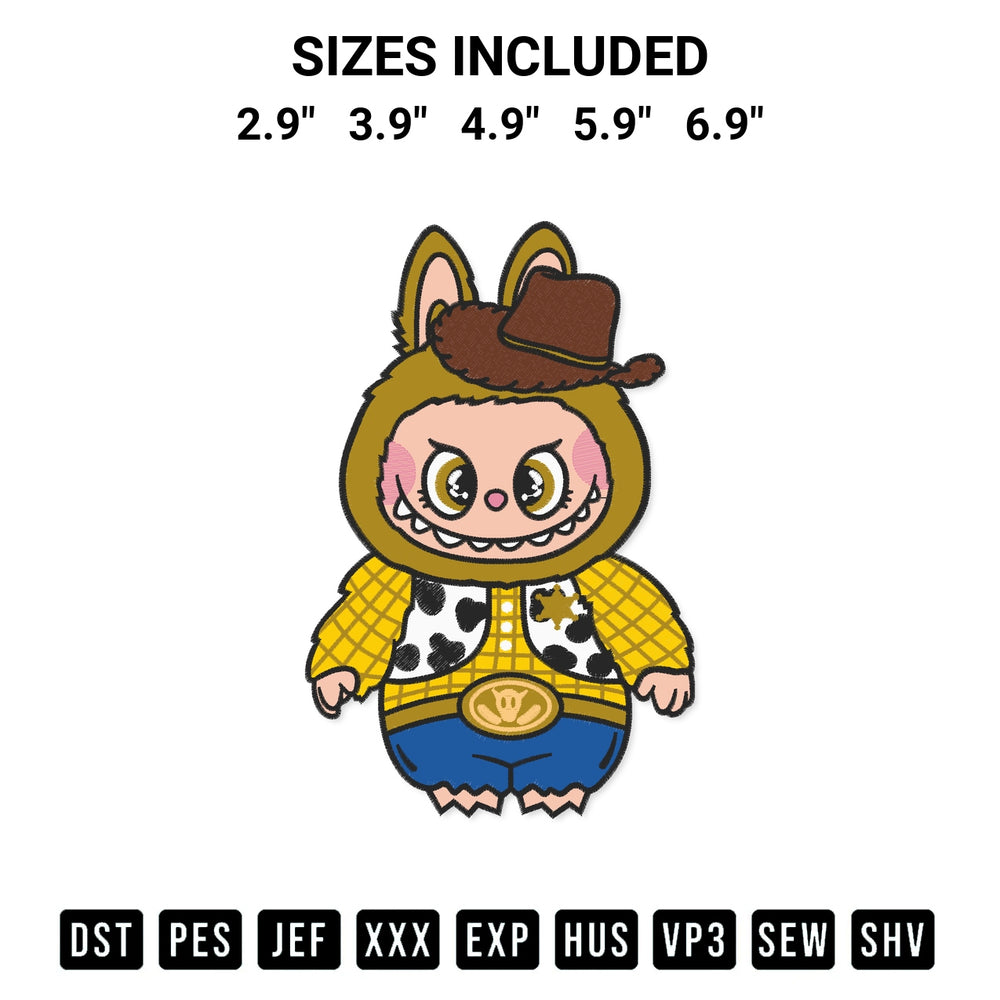 Elevate your next project with our Labubu Toy Story Woody Embroidery Design embroidery file. Shop high-quality digital patterns instantly at Designspacks.com. Available sizes: 2.9", 3.9", 4.9", 5.9", 6.9".