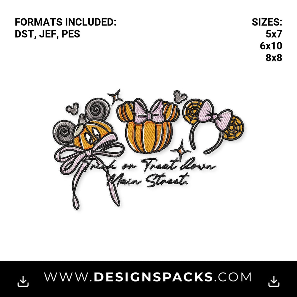 Trick or Treat Down Main Street Halloween Embroidery Design - Instant digital download pattern at Designspacks.com
