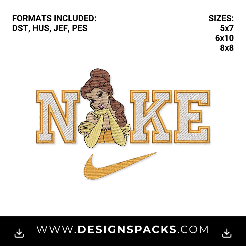 Princess Belle Varsity Swoosh Embroidery Design - Instant digital download pattern at Designspacks.com