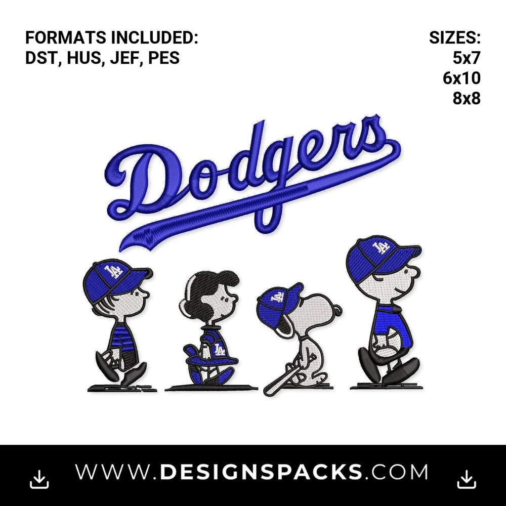 LA Dodgers Snoopy & Peanuts Gang Embroidery Design - Instant digital download pattern at Designspacks.com