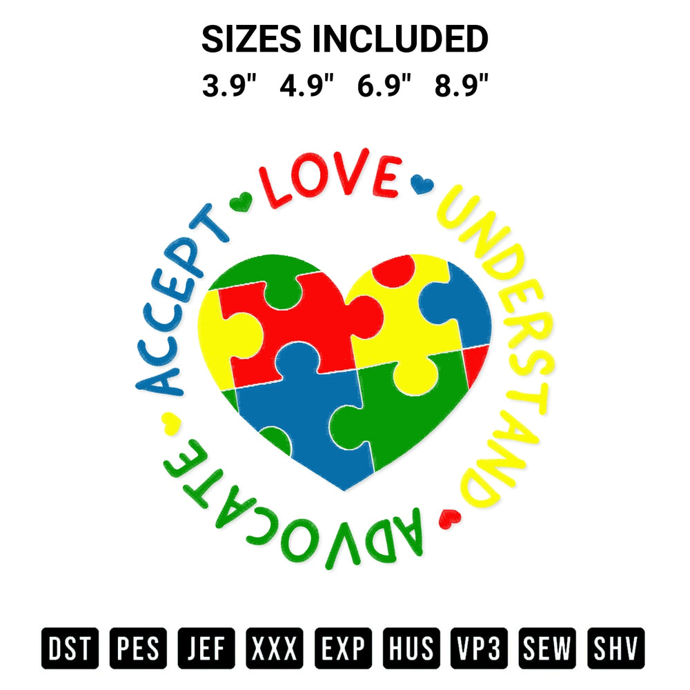 Create amazing crafts with the Accept Love Understand Advocate Embroidery Design embroidery file. High-quality digital download from Designspacks.com, perfect for beginners and pros. Available sizes: 3.9", 4.9", 6.9", 8.9".