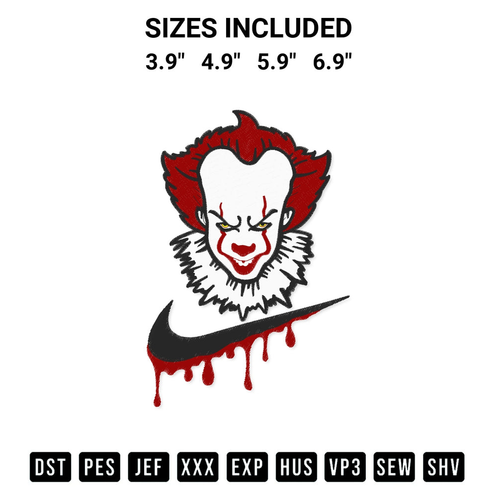 Elevate your next project with our Pennywise Nike Embroidery Design embroidery file. Shop high-quality digital patterns instantly at Designspacks.com. Available sizes: 3.9", 4.9", 5.9", 6.9".