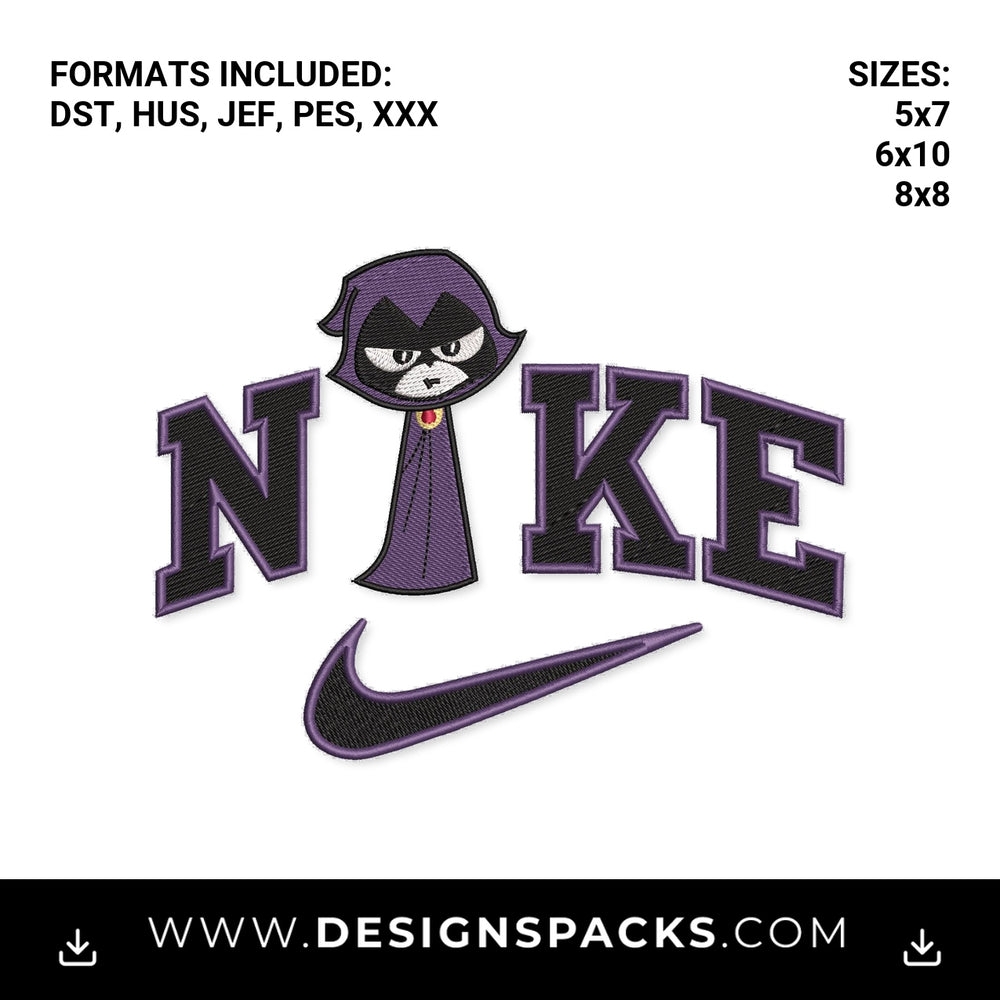 Raven Teen Titans Purple Nike Swoosh Embroidery Design - Instant digital download pattern at Designspacks.com