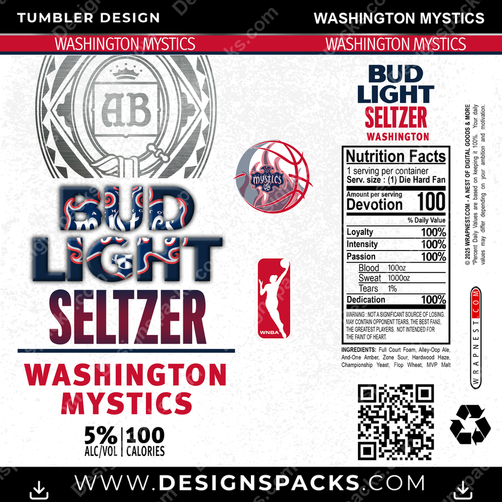 Basketball Bud Light Seltzer Washington Mystics NBA Basketball Tumbler Digital Wrap Design Download