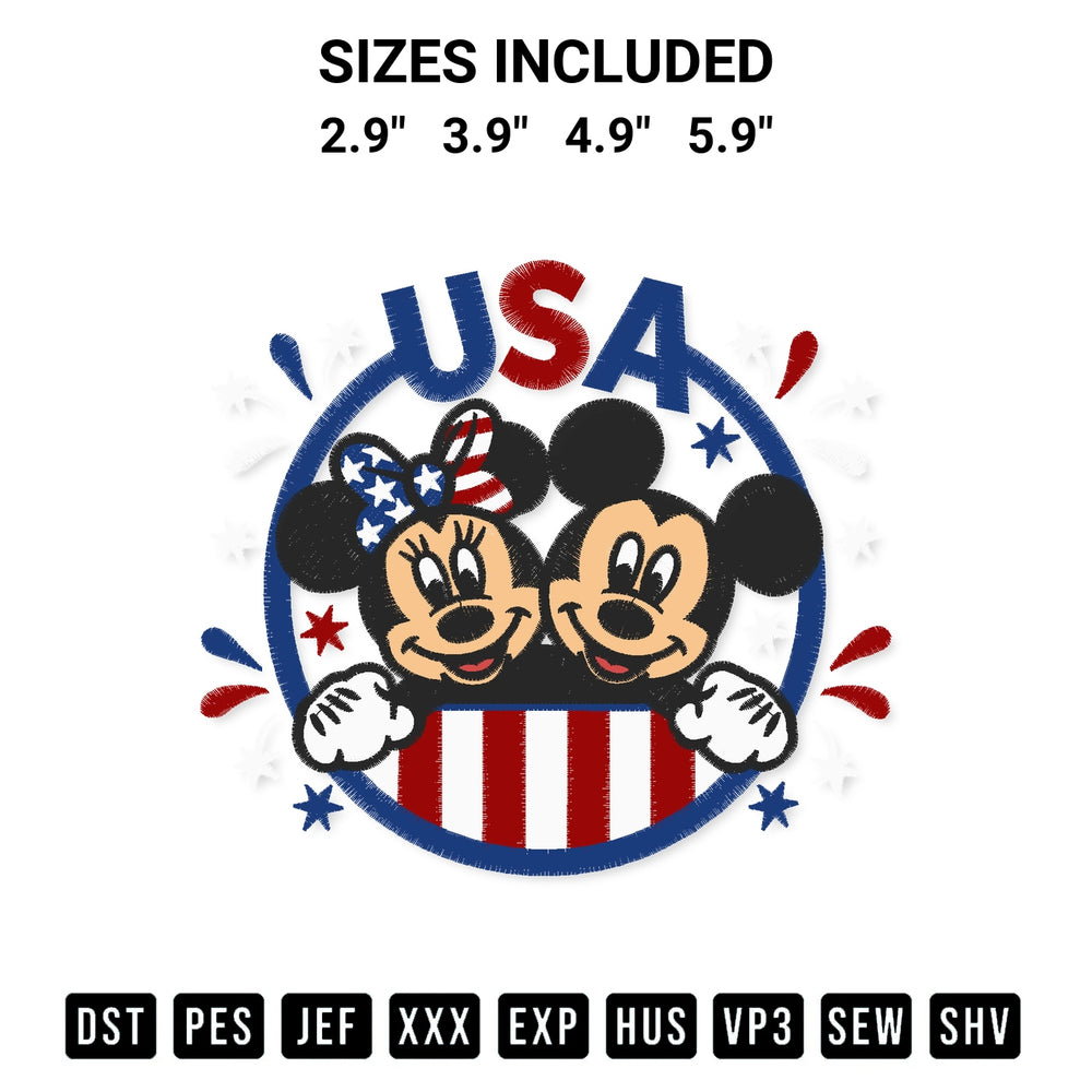 Shop the Usa Patriotic Mickey And Minnie Embroidery Design machine embroidery pattern at Designspacks.com. Beautifully digitized for flawless stitching on any fabric. Available sizes: 2.9", 3.9", 4.9", 5.9".