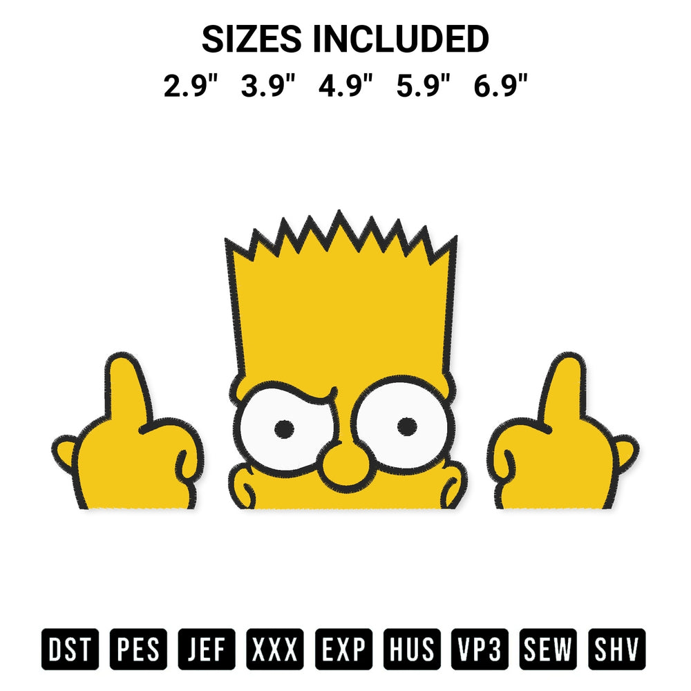 Transform your fabrics with the Bart Simpson Middle Finger Embroidery Design embroidery design. Instant access to premium digitized patterns at Designspacks.com. Available sizes: 2.9", 3.9", 4.9", 5.9", 6.9".