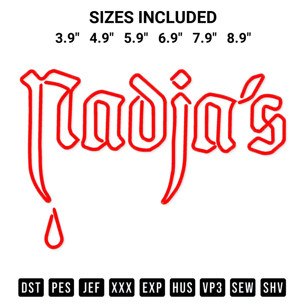 Get the Nadjas Nightclub Embroidery Design embroidery design for your custom crafts! Premium digitized files available for instant download at Designspacks.com. Available sizes: 3.9", 4.9", 5.9", 6.9", 7.9", 8.9".