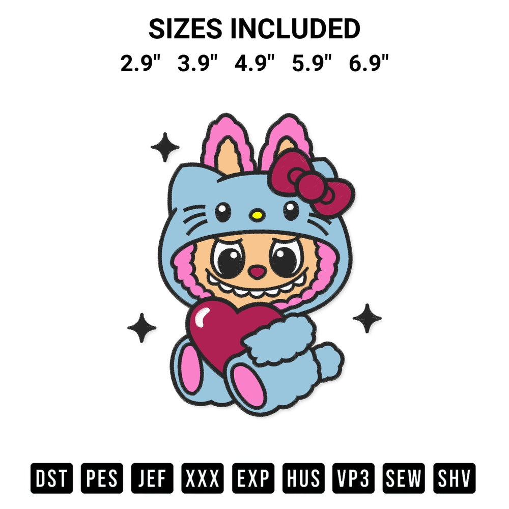 Create amazing crafts with the Labubu Hello Kitty Hug Heart Embroidery Design embroidery file. High-quality digital download from Designspacks.com, perfect for beginners and pros. Available sizes: 2.9", 3.9", 4.9", 5.9", 6.9".