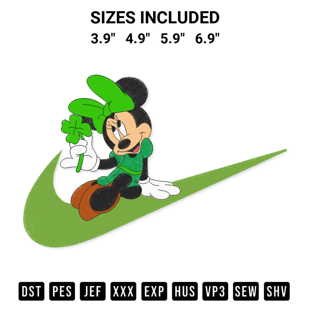 Stitch like a pro with the Minnie Mouse Shamrock Swoosh Embroidery Design embroidery pattern from Designspacks.com. High-quality digital machine embroidery file. Available sizes: 3.9", 4.9", 5.9", 6.9".