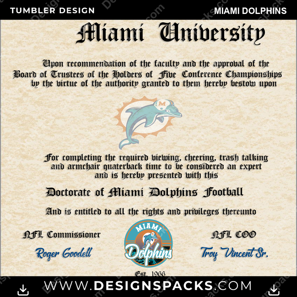 Football Diploma Miami Dolphins Tumbler Digital Wrap Design