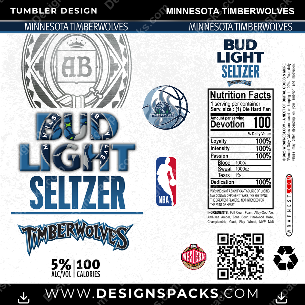 Basketball Bud Light Seltzer Minnesota Timberwolves Tumbler Digital Wrap Design