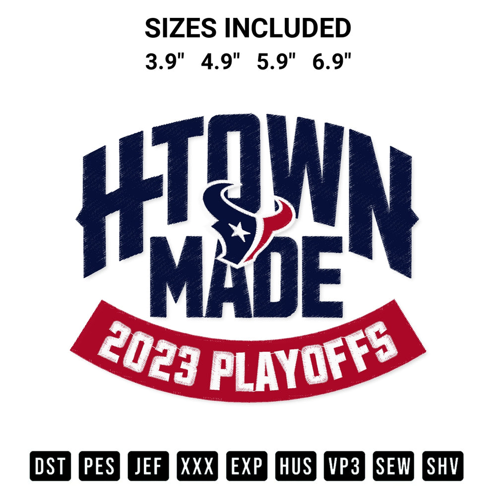 Looking for the perfect pattern? Download the Houston Texans H Town Made 2023 Playoffs Embroidery Design embroidery design today at Designspacks.com. Crisp, clean stitching guaranteed. Available sizes: 3.9", 4.9", 5.9", 6.9".