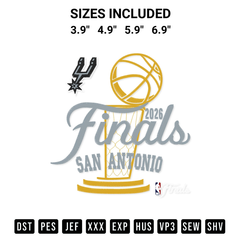 Discover the perfect addition to your crafting collection: San Antonio Spurs 2026 Nba Finals Champions Trophy Embroidery Design embroidery file. Instantly available at Designspacks.com. Available sizes: 3.9", 4.9", 5.9", 6.9".