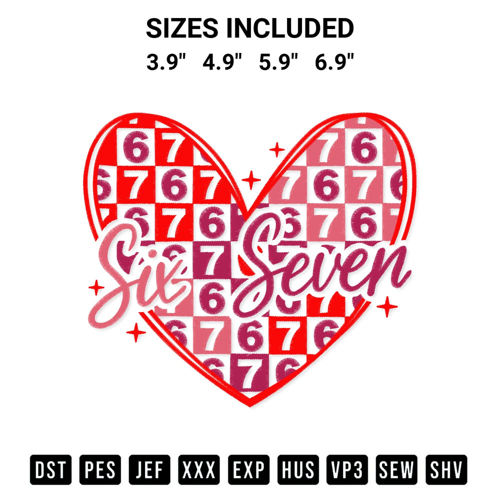 Create amazing crafts with the Heart Six Seven Valentine 67 Embroidery Design embroidery file. High-quality digital download from Designspacks.com, perfect for beginners and pros. Available sizes: 3.9", 4.9", 5.9", 6.9".
