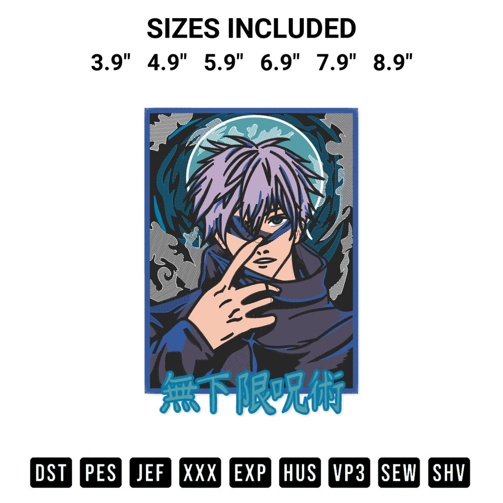 Discover the perfect addition to your crafting collection: Satoru Gojo Very Charismatic Embroidery Design embroidery file. Instantly available at Designspacks.com. Available sizes: 3.9", 4.9", 5.9", 6.9", 7.9", 8.9".