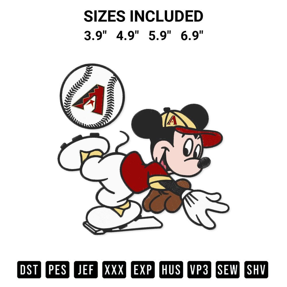 Transform your fabrics with the Baseball Arizona Diamondbacks Mickey Mouse Embroidery Design embroidery design. Instant access to premium digitized patterns at Designspacks.com. Available sizes: 3.9", 4.9", 5.9", 6.9".