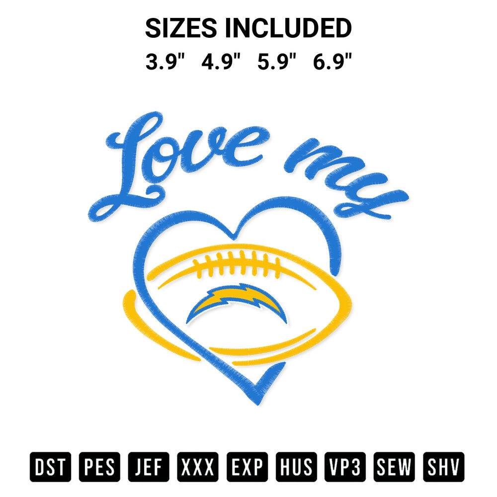 Shop the Love My Los Angeles Chargers Embroidery Design machine embroidery pattern at Designspacks.com. Beautifully digitized for flawless stitching on any fabric. Available sizes: 3.9", 4.9", 5.9", 6.9".
