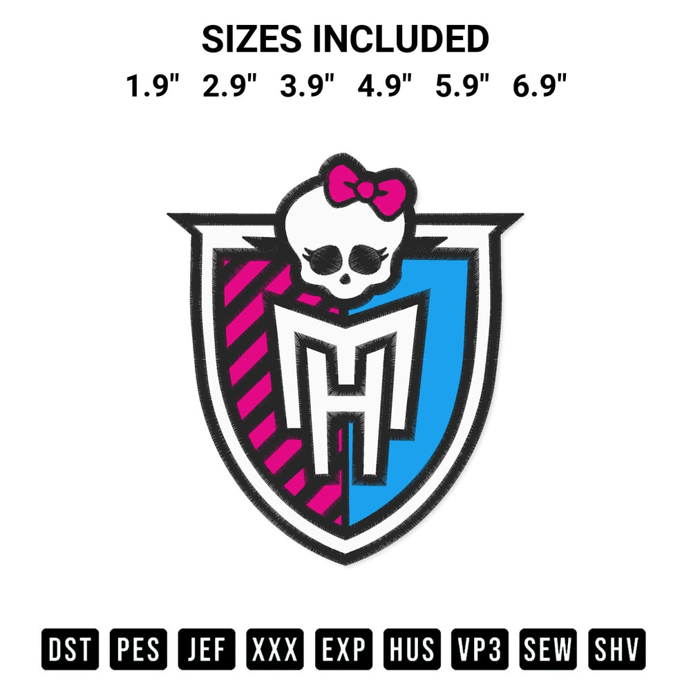 Add a unique touch to your apparel with the Monster High Logo Skull And Bow Embroidery Design embroidery file. Premium instant download available now on Designspacks.com. Available sizes: 1.9", 2.9", 3.9", 4.9", 5.9", 6.9".