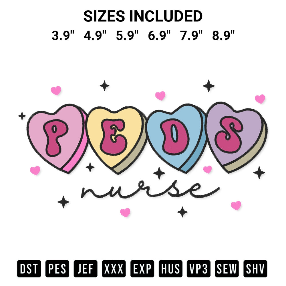 Shop the Peds Nurse Hearts Candy Embroidery Design machine embroidery pattern at Designspacks.com. Beautifully digitized for flawless stitching on any fabric. Available sizes: 3.9", 4.9", 5.9", 6.9", 7.9", 8.9".
