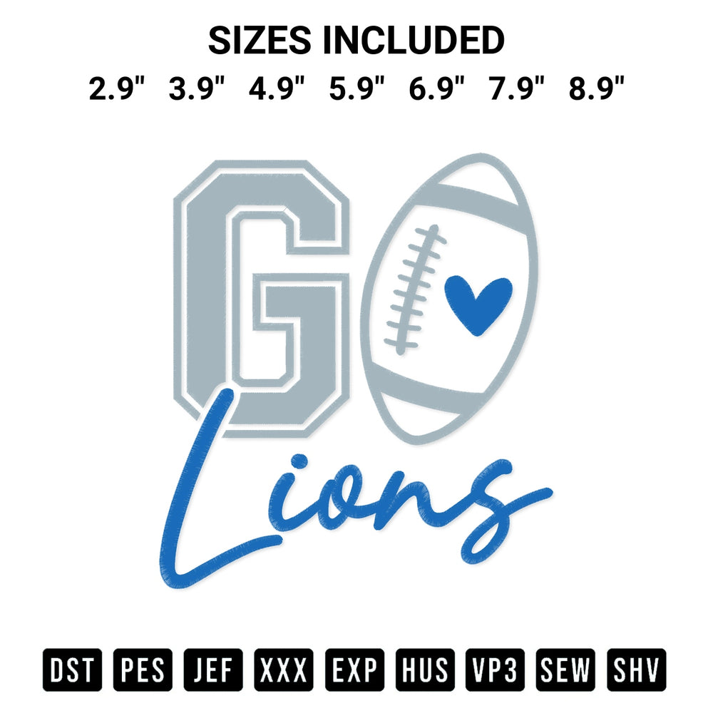 Stitch like a pro with the Go Lions Football Embroidery Design embroidery pattern from Designspacks.com. High-quality digital machine embroidery file. Available sizes: 2.9", 3.9", 4.9", 5.9", 6.9", 7.9", 8.9".