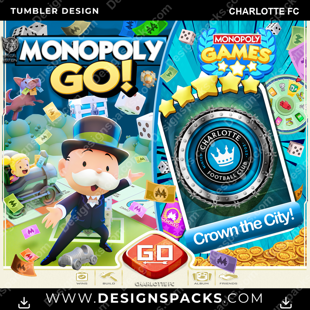 US Soccer Monopoly Go! Charlotte FC Tumbler Digital Wrap Design
