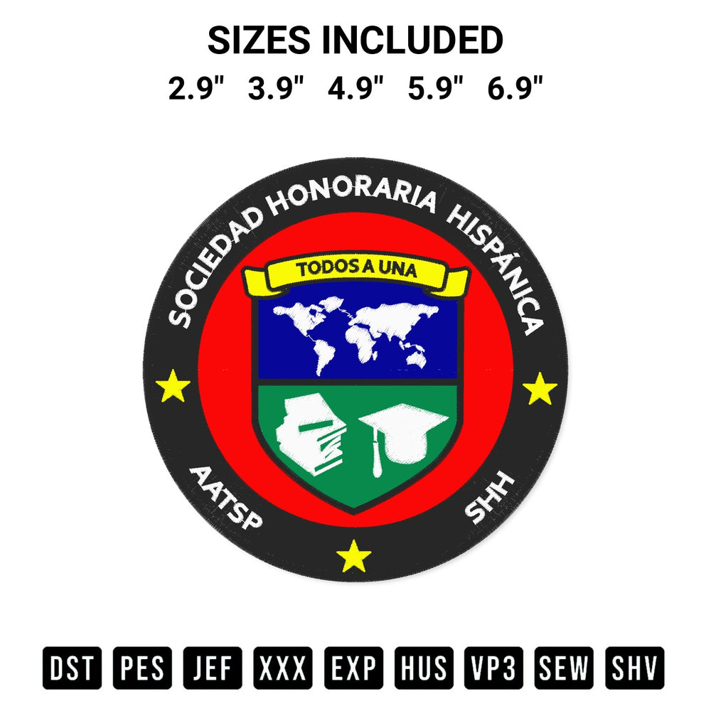 Download the Sociedad Honoraria Hispanica Embroidery Design machine embroidery design exclusively at Designspacks.com. Premium digitized pattern for apparel and DIY crafts. Available sizes: 2.9", 3.9", 4.9", 5.9", 6.9".