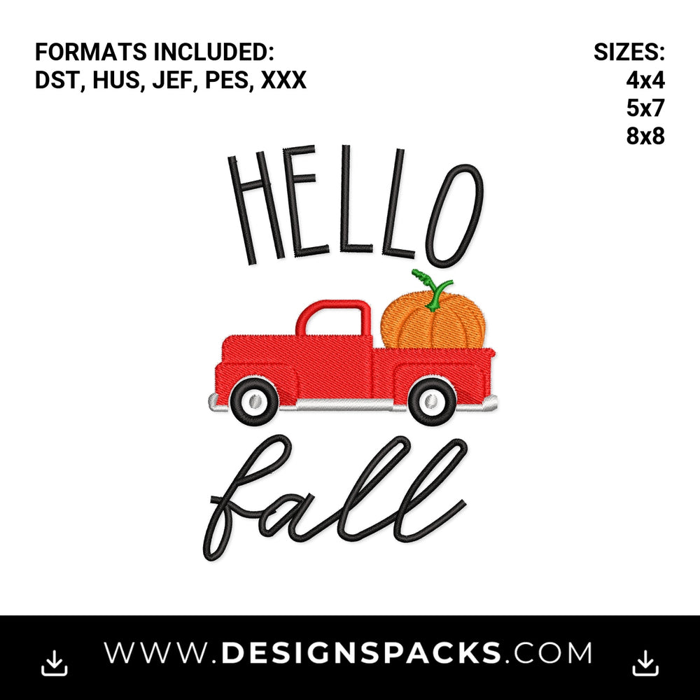 Hello Fall Red Truck with Pumpkin Embroidery Design - Instant digital download pattern at Designspacks.com