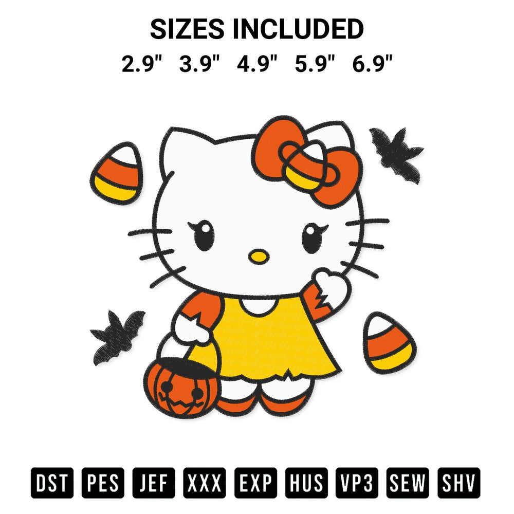 Discover the perfect addition to your crafting collection: Hello Kitty Candy Corn Halloween Embroidery Design embroidery file. Instantly available at Designspacks.com. Available sizes: 2.9", 3.9", 4.9", 5.9", 6.9".
