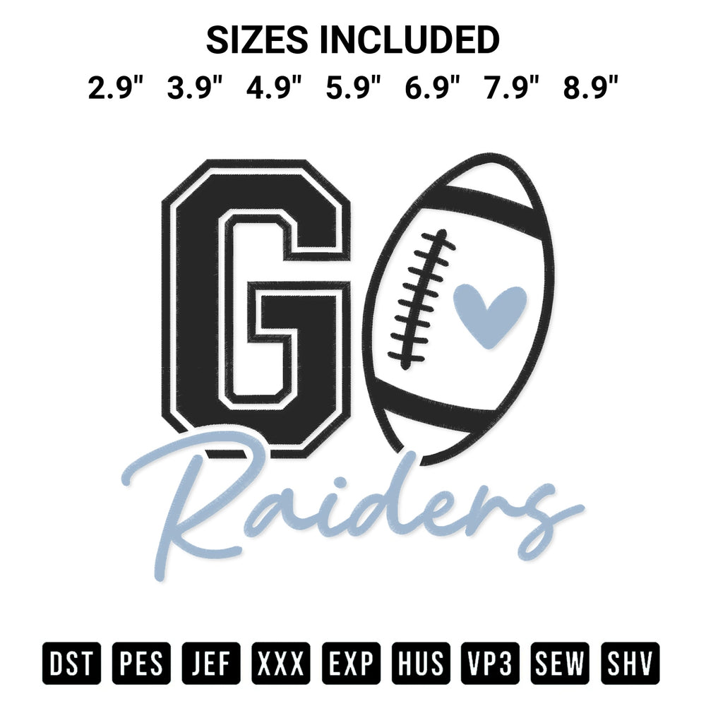 Create amazing crafts with the Go Raiders Football Embroidery Design embroidery file. High-quality digital download from Designspacks.com, perfect for beginners and pros. Available sizes: 2.9", 3.9", 4.9", 5.9", 6.9", 7.9", 8.9".