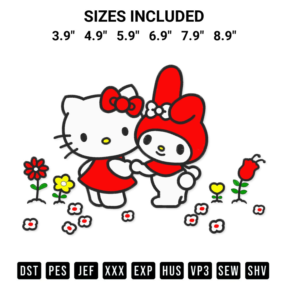 Add a unique touch to your apparel with the Hello Kitty And My Melody Embroidery Design embroidery file. Premium instant download available now on Designspacks.com. Available sizes: 3.9", 4.9", 5.9", 6.9", 7.9", 8.9".