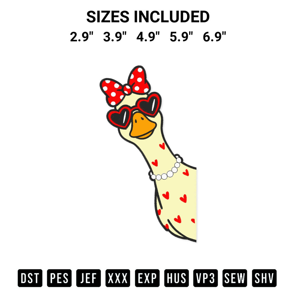 Download the Valentine Goose With Heart Sunglasses Embroidery Design machine embroidery design exclusively at Designspacks.com. Premium digitized pattern for apparel and DIY crafts. Available sizes: 2.9", 3.9", 4.9", 5.9", 6.9".