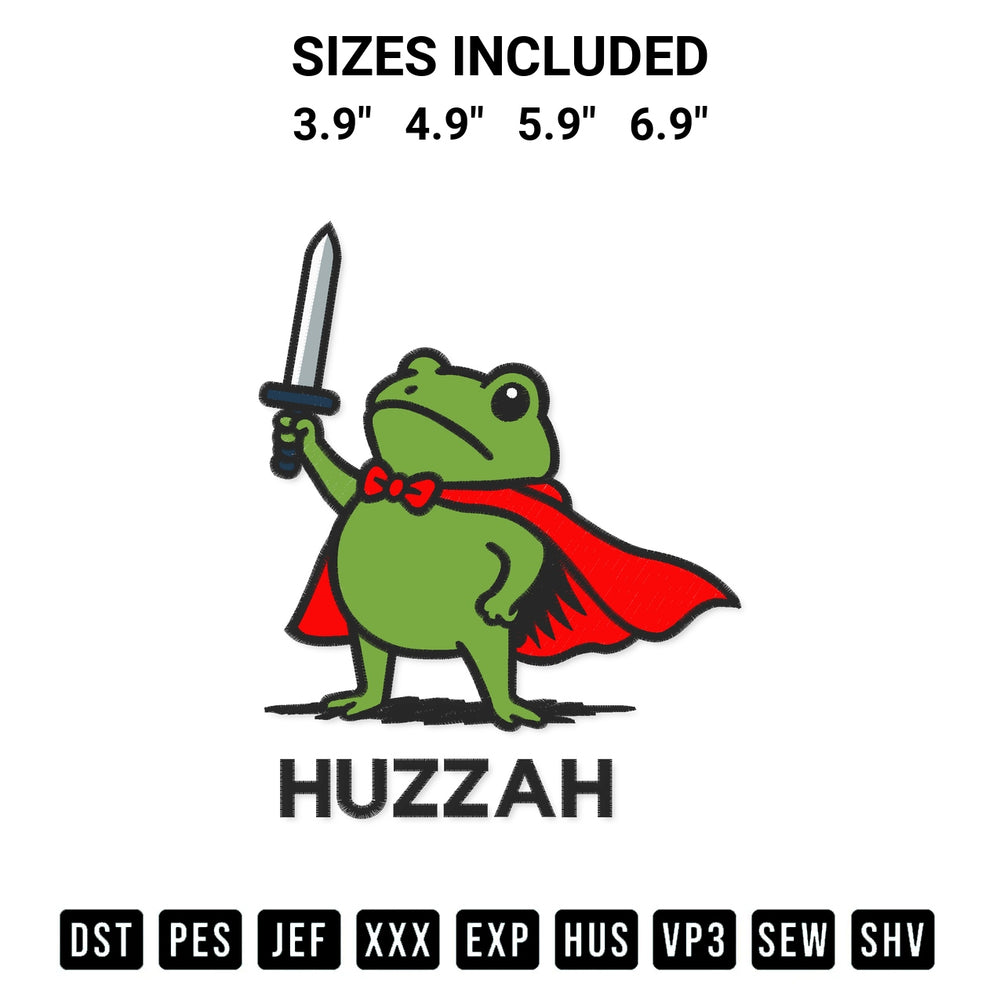 Add a unique touch to your apparel with the Huzzah Frog Knight Embroidery Design embroidery file. Premium instant download available now on Designspacks.com. Available sizes: 3.9", 4.9", 5.9", 6.9".