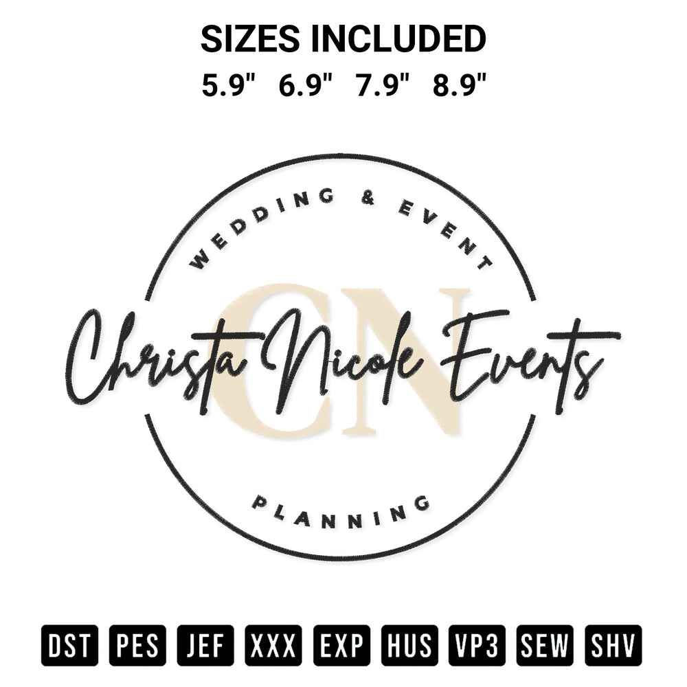 Add a unique touch to your apparel with the Cn Christa Nicole Events 2 Embroidery Design embroidery file. Premium instant download available now on Designspacks.com. Available sizes: 5.9", 6.9", 7.9", 8.9".