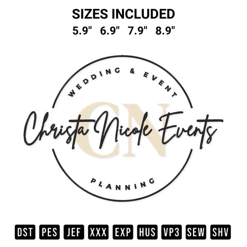 Add a unique touch to your apparel with the Cn Christa Nicole Events 2 Embroidery Design embroidery file. Premium instant download available now on Designspacks.com. Available sizes: 5.9
