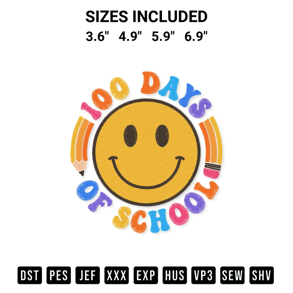 Add a unique touch to your apparel with the Retro Teacher 100 Days Of School Funny Back To School Smiley Face Embroidery Design embroidery file. Premium instant download available now on Designspacks.com. Available sizes: 3.6", 4.9", 5.9", 6.9".