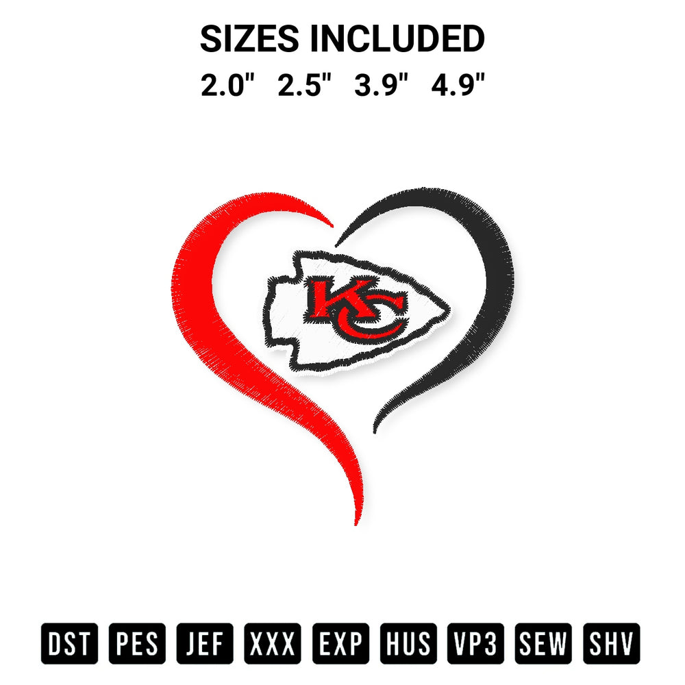 Discover the perfect addition to your crafting collection: Nfl Kansas City Chiefs Heart Embroidery Design embroidery file. Instantly available at Designspacks.com. Available sizes: 2.0", 2.5", 3.9", 4.9".