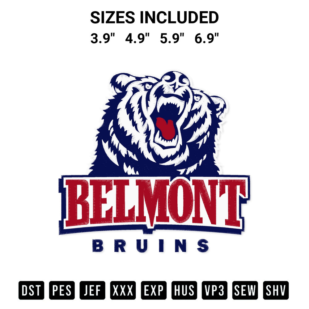 Transform your fabrics with the Belmont Bruins Logo Embroidery Design embroidery design. Instant access to premium digitized patterns at Designspacks.com. Available sizes: 3.9", 4.9", 5.9", 6.9".