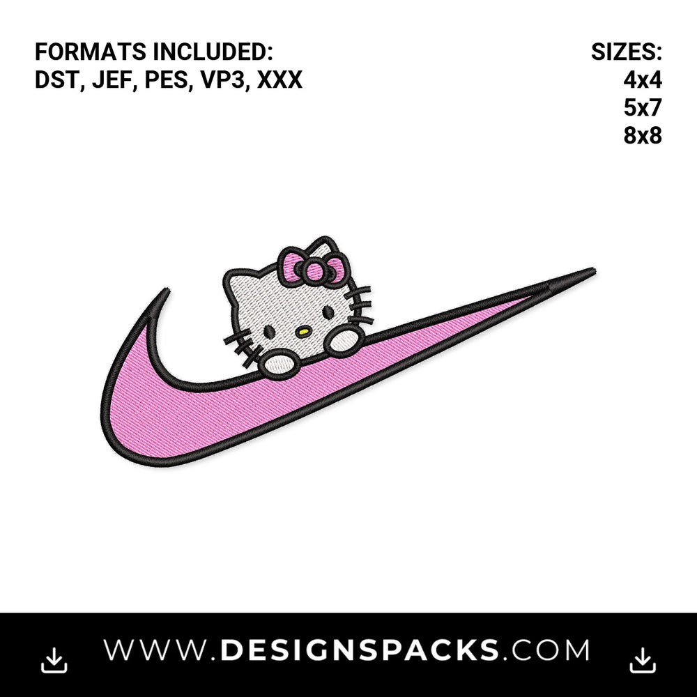 Hello Kitty Peeking Pink Swoosh Embroidery Design - Instant digital download pattern at Designspacks.com