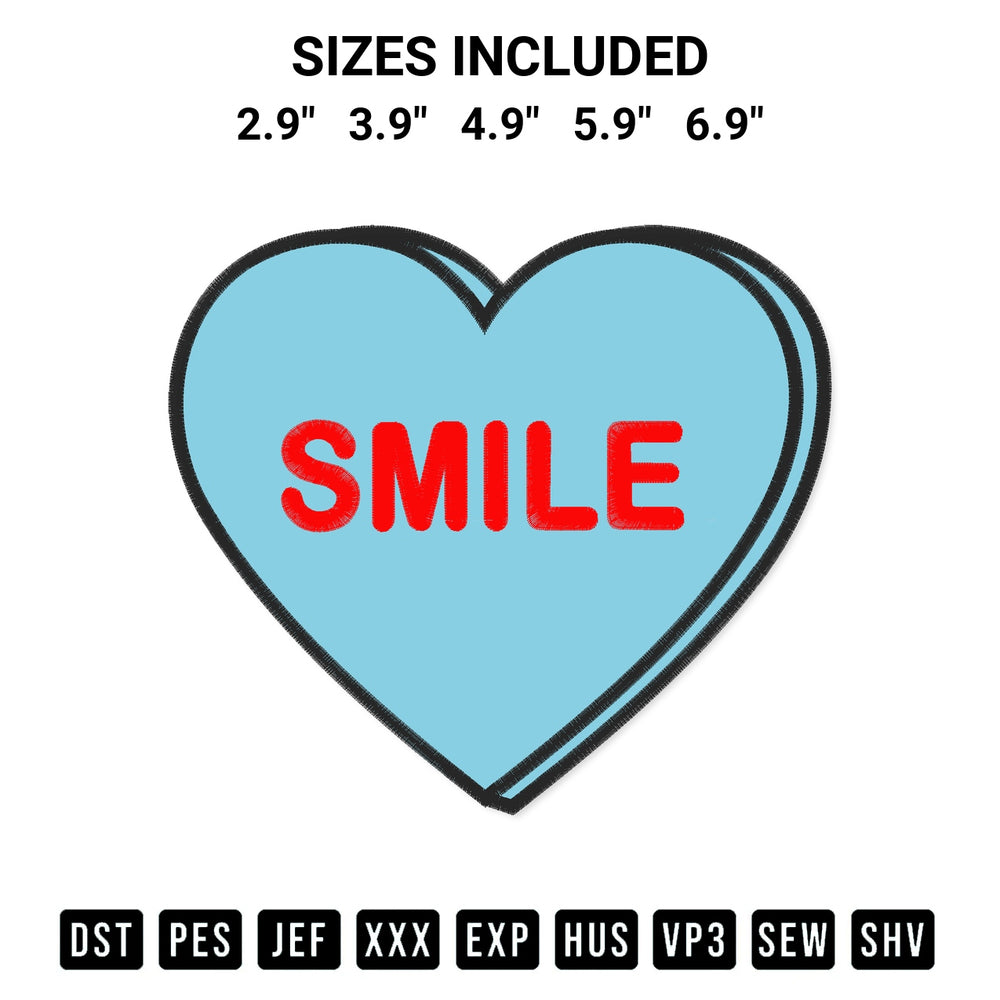 Transform your fabrics with the Smile Candy Heart Embroidery Design embroidery design. Instant access to premium digitized patterns at Designspacks.com. Available sizes: 2.9", 3.9", 4.9", 5.9", 6.9".