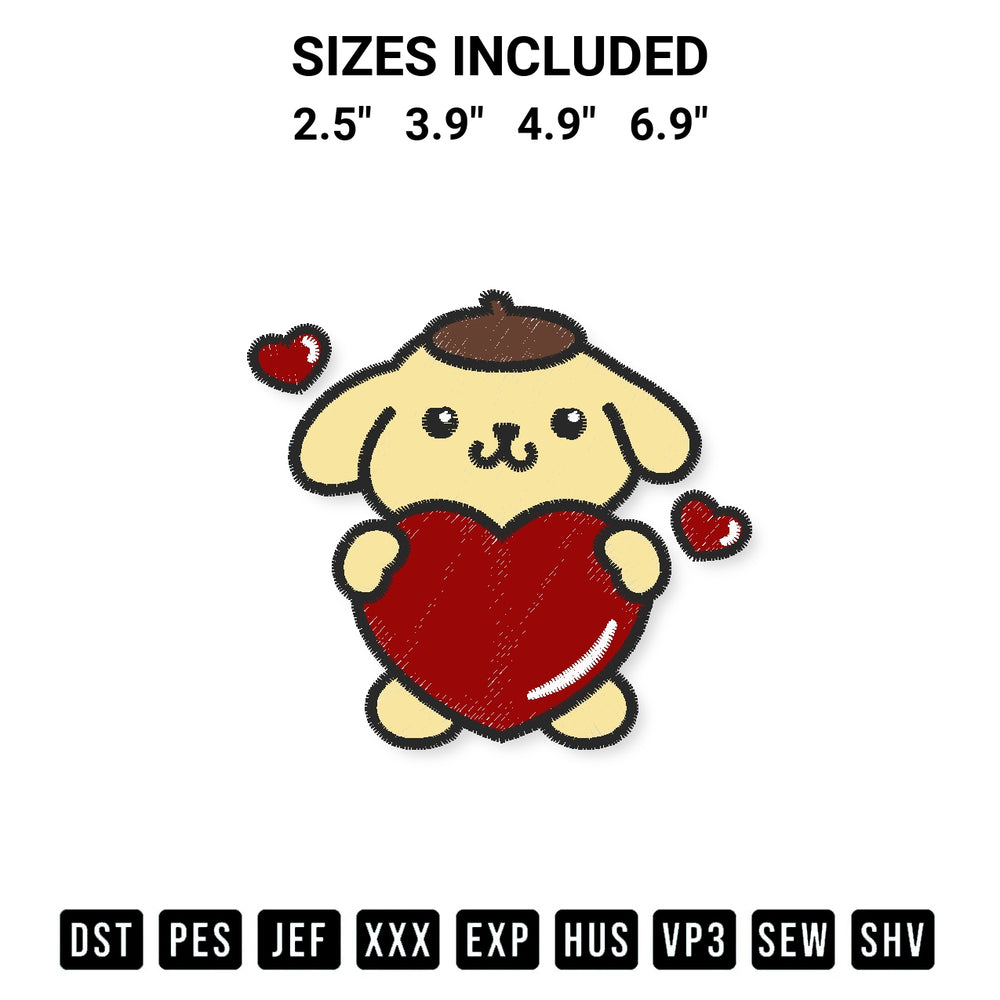 Download the Pompompurin With Heart Embroidery Design machine embroidery design exclusively at Designspacks.com. Premium digitized pattern for apparel and DIY crafts. Available sizes: 2.5", 3.9", 4.9", 6.9".