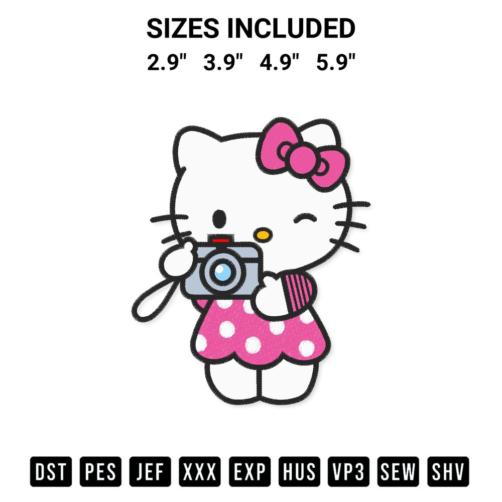 Elevate your next project with our Cute Hello Kitty With Camera Embroidery Design embroidery file. Shop high-quality digital patterns instantly at Designspacks.com. Available sizes: 2.9", 3.9", 4.9", 5.9".